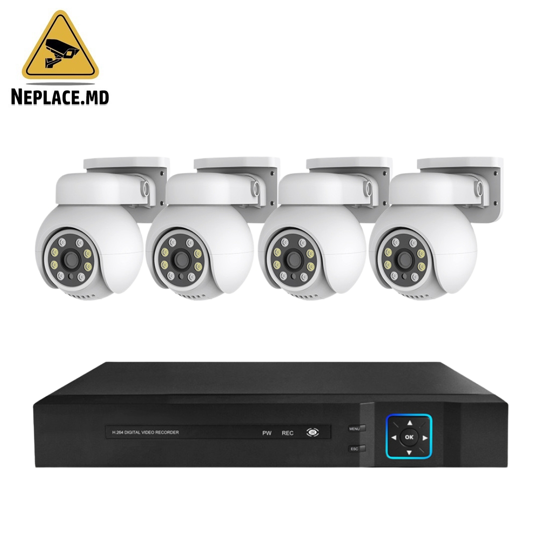 Профессиональная система видеонаблюдения Ротация 360 градусов 4K POE NVR CCTV, (4 камеры 5MP) 4K HD, распознавание лиц, двусторонняя связь - Cumpără online | NePlace Moldova