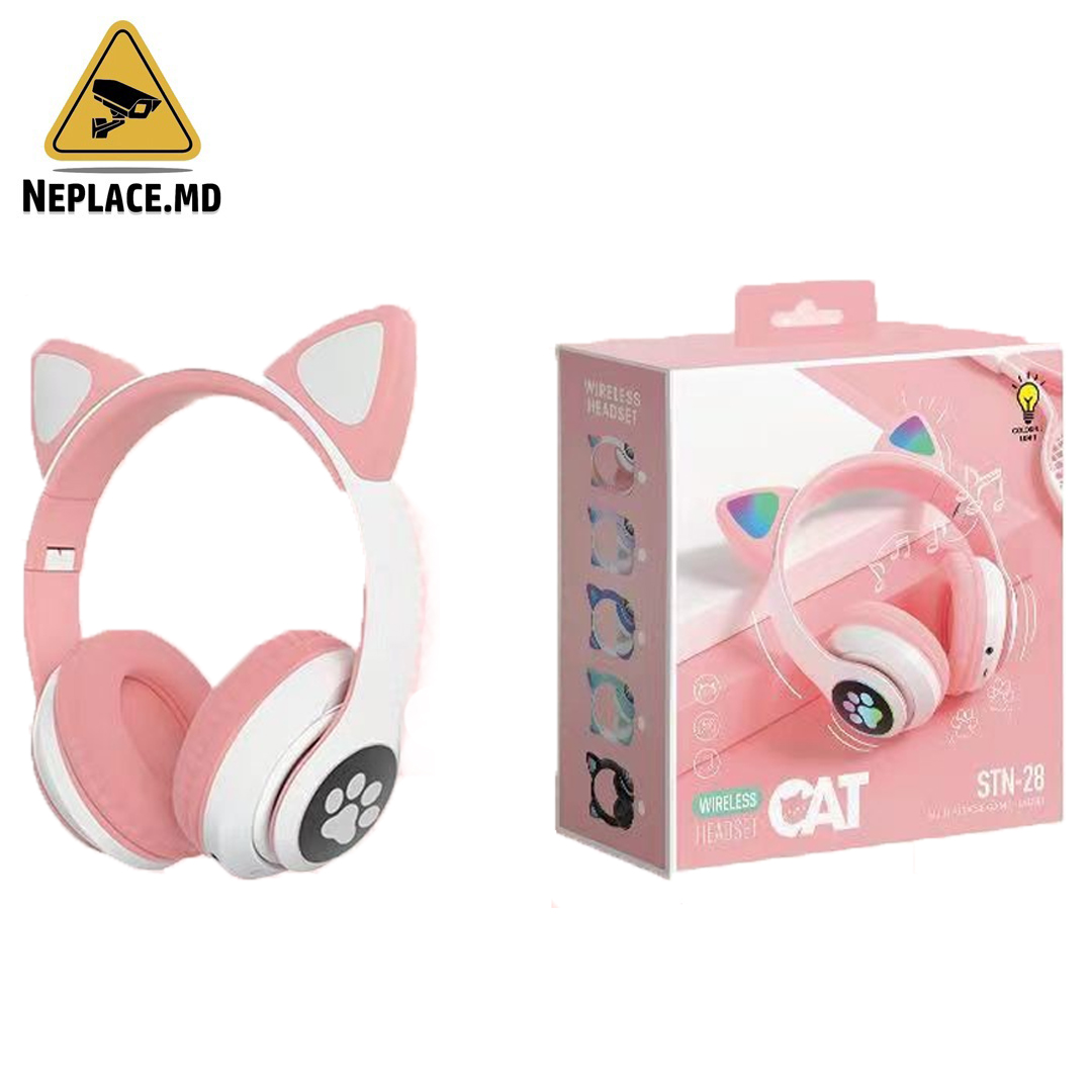 Casti Wireless Copii, Urechi de Pisica, Stereo, Lumini RGB, Microfon, Bluetooth,Slot SD, Roz - Cumpără online | NePlace Moldova