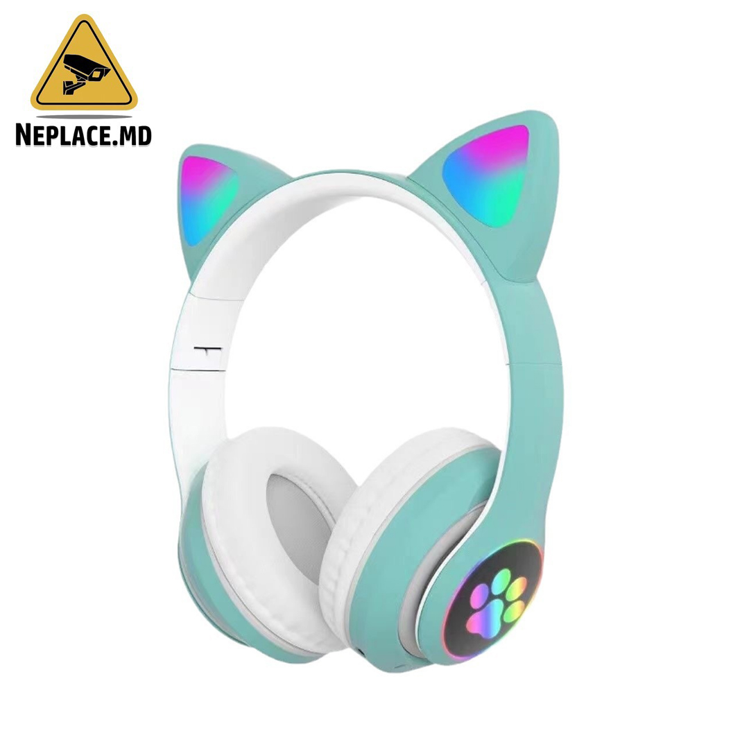 Casti Wireless Copii, Urechi de Pisica, Stereo, Lumini RGB, Microfon, Bluetooth 5.0, Slot SD, Turcoaz - Cumpără online | NePlace Moldova