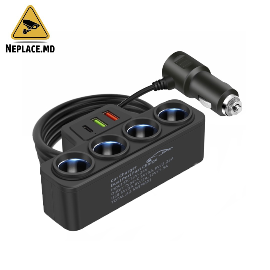 Incarcator auto universal, splitter cu 4 prize si 3 porturi USB, incarcare rapida, 12V/24V - Cumpără online | NePlace Moldova