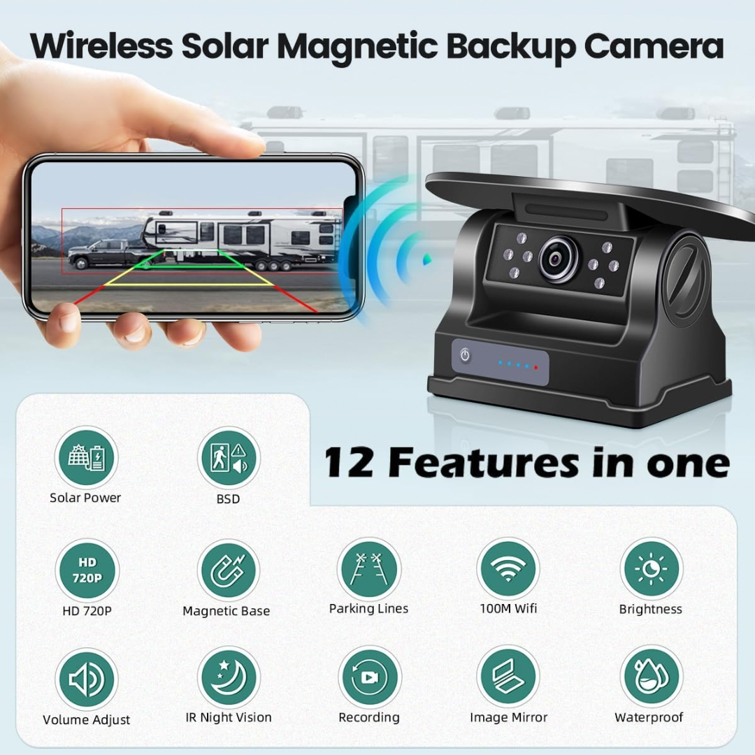 Cameră magnetică solară BSD WiFi, GreenYi wireless 720P cu detectare a unghiului mort, cameră de mers înapoi cu baterie reîncărcabilă pentru iPhone, iPad, telefon Android, tabletă, remorcă, rulotă - Cumpără online | NePlace Moldova